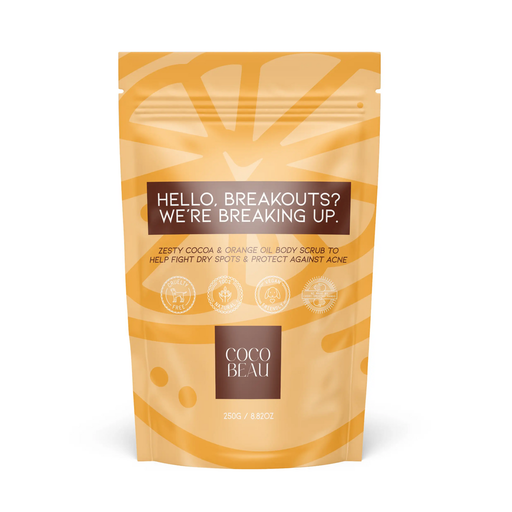 Coco Beau Chocolate Orange Body Scrub, helping fight dry spots and protect against acne