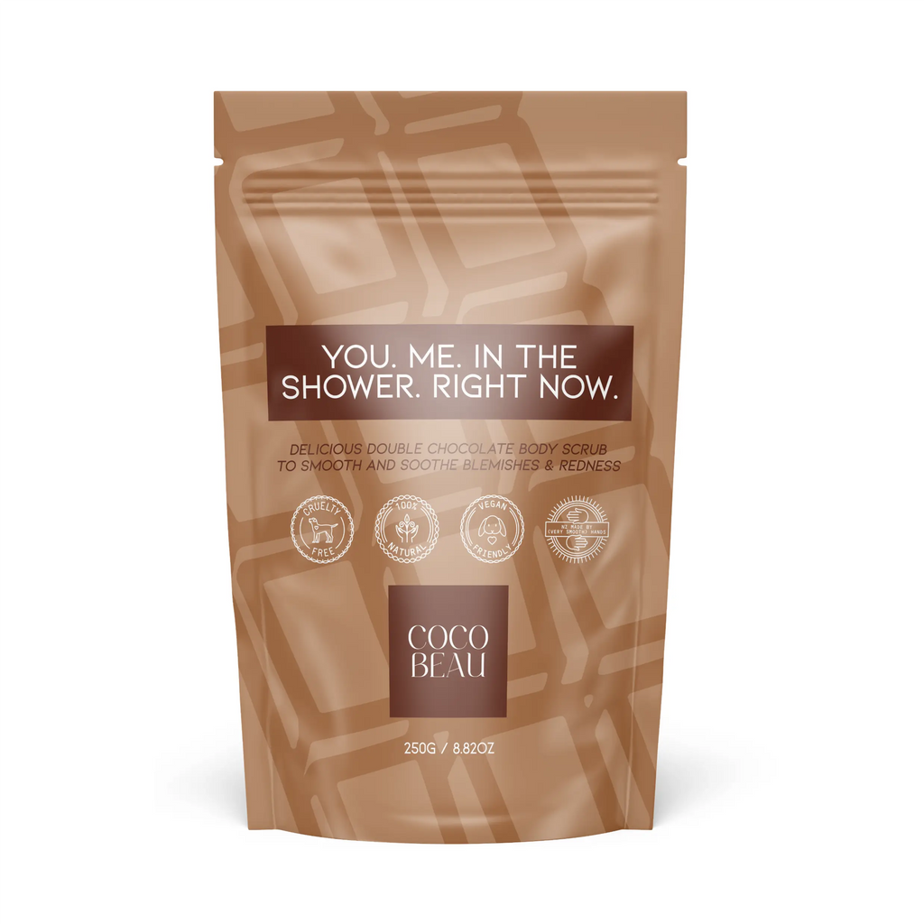 Coco Beau Double Chocolate Body Scrub, helping to smooth and soothe blemishes and redness