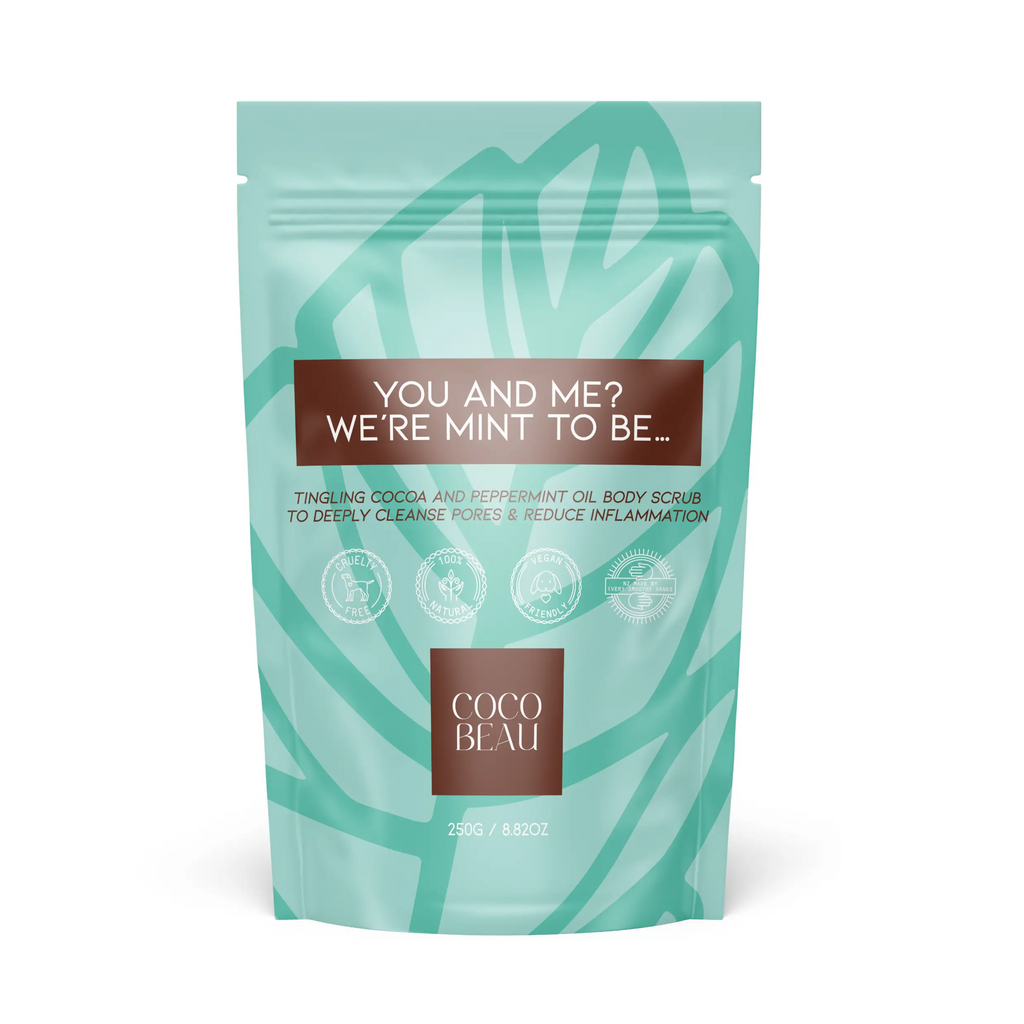 Coco Beau Mint Choc Chip Body Scrub, helping to deeply cleanser pores and reduce inflammation