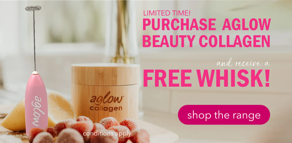 Purchase Aglow Beauty Collagen and receive a free Aglow whisk. Limited Time.