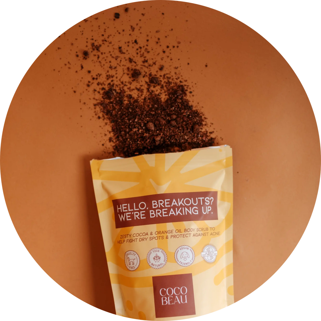 Coco Beau Chocolate Orange Body Scrub, helping fight dry spots and protect against acne