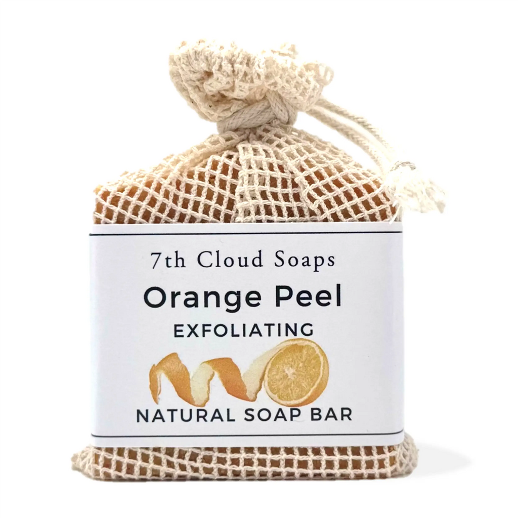 7th Cloud Orange Peel Exfoliating Artisian Soap with natural exfoliating soap bag
