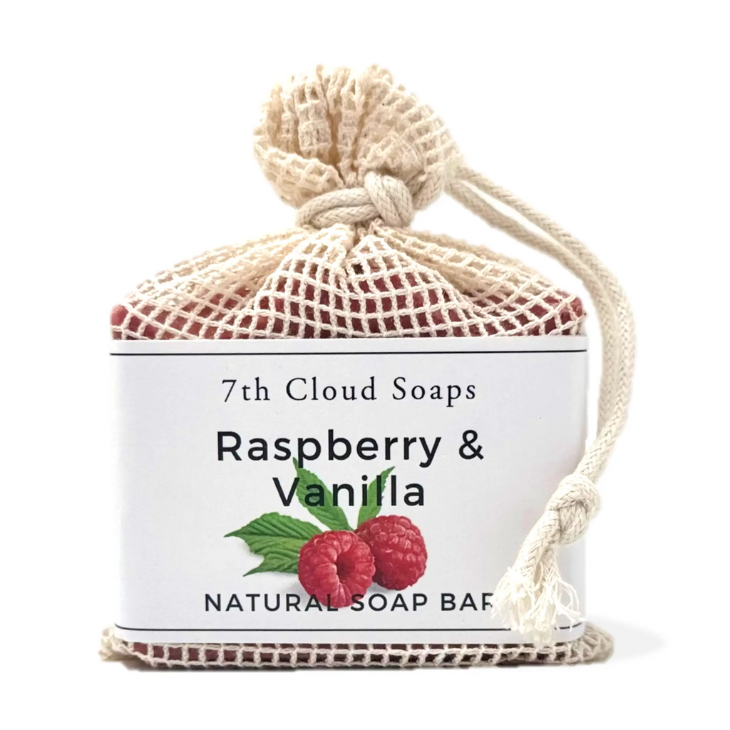 7th Cloud Raspberry and Vanilla Artisian Soap in a natural exfoliating soap bag
