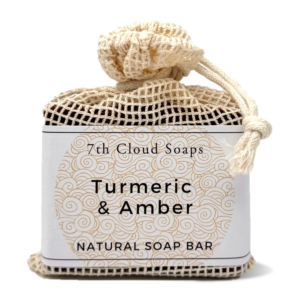 7th Cloud Turmeric & Amber Artisian Soap with natural exfoliating soap bag