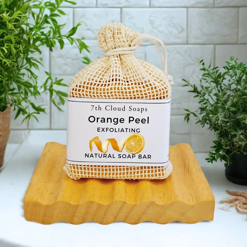 7th Cloud Orange Peel Exfoliating Artisian Soap with natural exfoliating soap bag