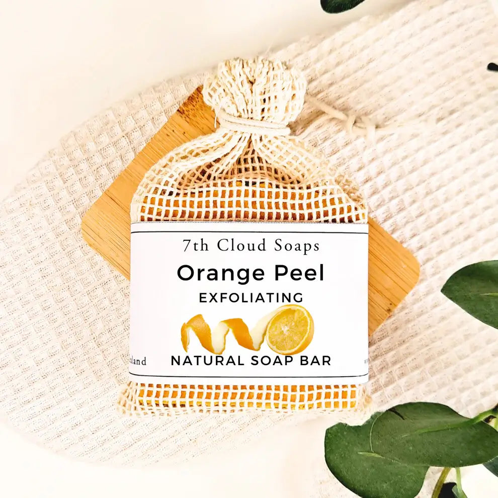 7th Cloud Orange Peel Exfoliating Artisian Soap with natural exfoliating soap bag