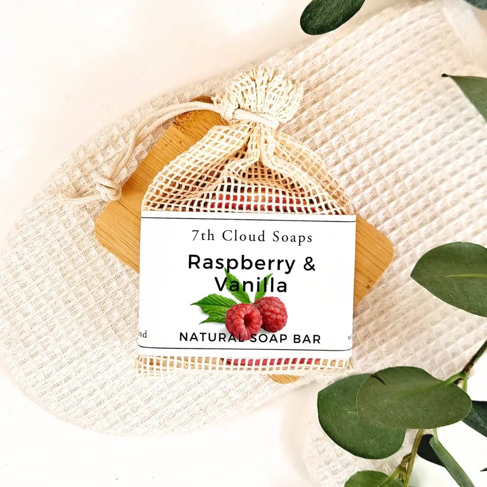 7th Cloud Raspberry and Vanilla Artisian Soap in a natural exfoliating soap bag
