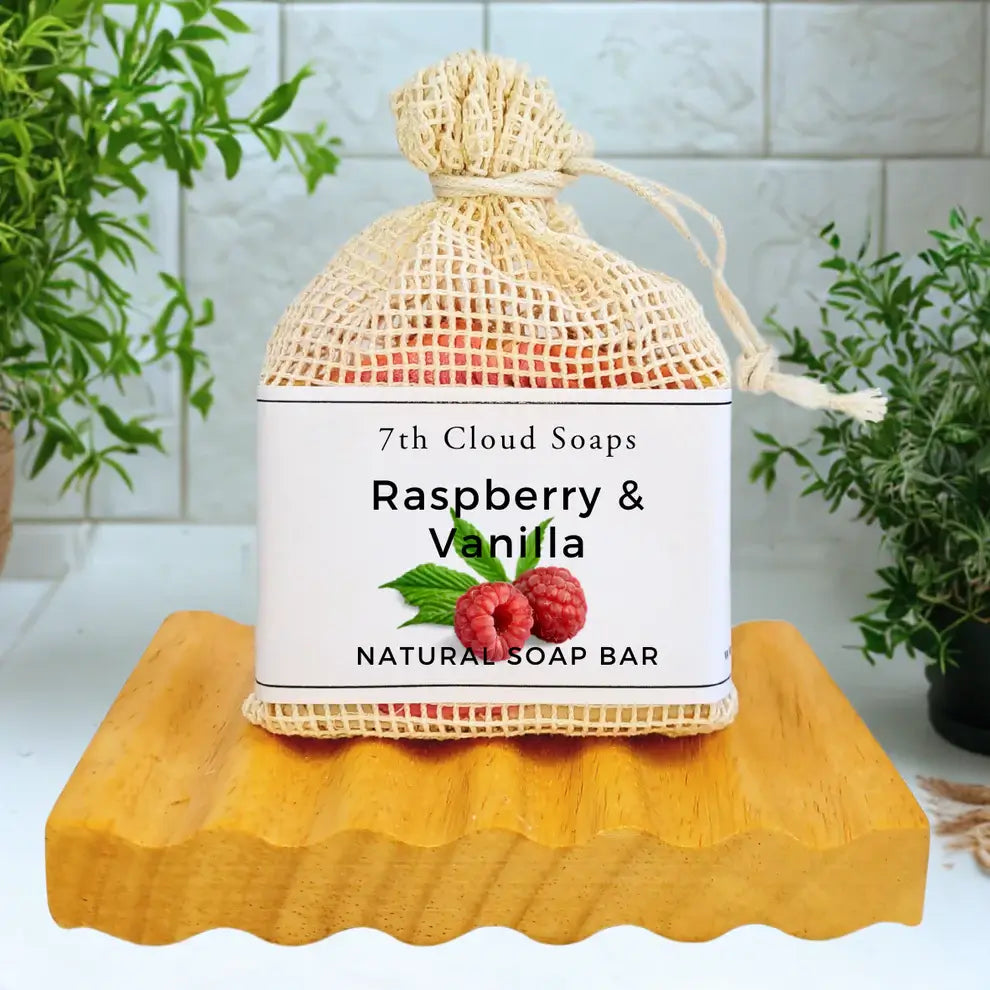 7th Cloud Raspberry and Vanilla Artisian Soap in a natural exfoliating soap bag