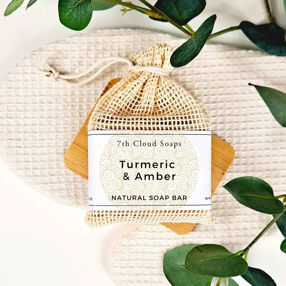 7th Cloud Turmeric & Amber Artisian Soap with natural exfoliating soap bag